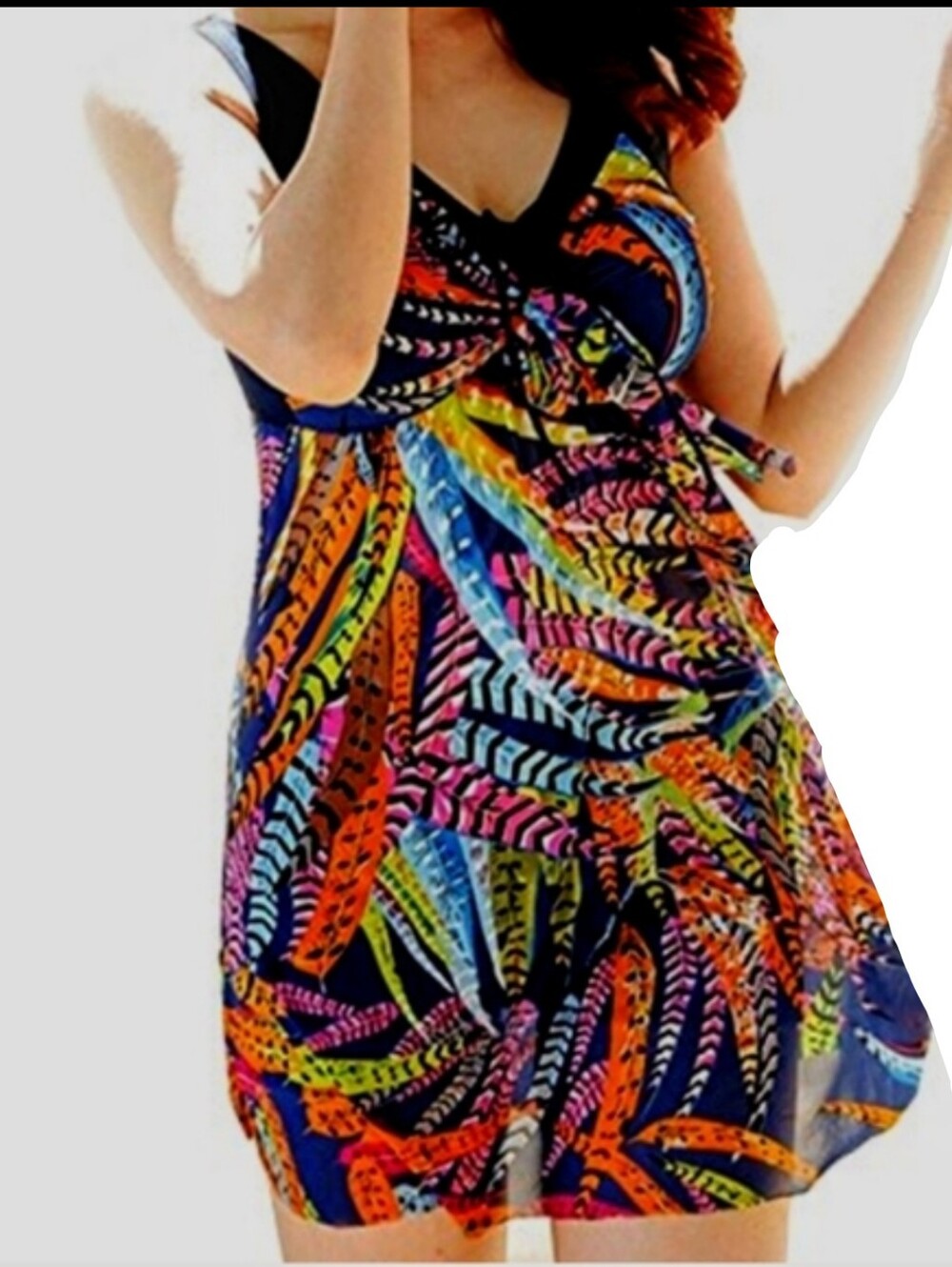 Plus Size Dark Blue, Orange Feathers Swim Dress & Built-in Bottoms   Wantdo Suit
